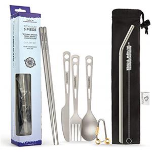 finessCity Titanium Utility posate Strong ultra leggero, Healthy & eco-friendly 3/4/5 pezzi Set Cannuccia bastoncini coltello forchetta cucchiaio per uso domestico/viaggio/campeggio set in caso (5 Piece)