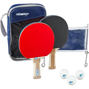 Relaxdays Set da Ping Pong, Gioco con 2 Racchette, Rete e 3 Palline, con Custodia, 2 Stelle, Blu
