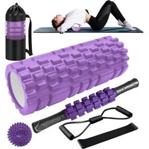 Qveetry Rullo Massaggio Muscolare, Qveetry 6 in 1 Foam Roller Rullo in Schiuma Pallina Massaggiante Bastone Massaggio bande di resistenza per Stretching Yoga Pilates Rilascio Miofasciale (Viola)