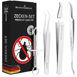 Schwertkrone® Set di 4 pinze per zecche [acciaio inox di alta qualità] - pinze per zecche per cani, gatti e umani - pinzette per zecche per cani - pinza zecche bambini - Set di 4 pezzi