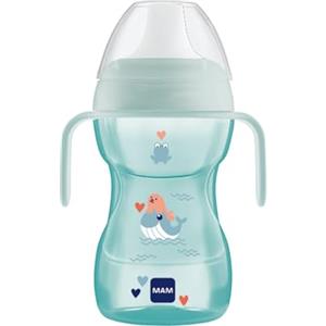 MAM Fun to Drink Cup Tazza bambini 270 ml, Biberon acqua e latte per neonati 8+ mesi con beccuccio anti-goccia e valvola per flusso libero, Borraccia neonato con pratici manici antiscivolo, Azzurro
