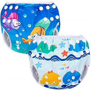 Luxja Riutilizzabile Pannolini da Nuoto (Confezione da 2), Costume Pannolino Lavabili, Impermeabile Pannolino Piscina (0-3 Anni), Balene + Pesci