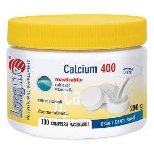 LongLife Calcium Latte 400mg - Integratore Alimentare di Calcio e Vitamina D3 in 100 Compresse Masticabili al Gusto Latte