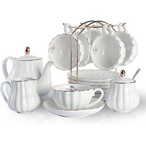Sweejar Home Set da tè in porcellana Royal Family, 225 ml, per tazze e piattini con teiera, zuccheriera, brocca per latte in ceramica e tazze da caffè (bianco)