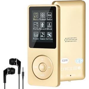COVVY 8 GB Lettore musicale MP3 portatile da, supporta schede di memoria SD fino a 64 GB, lettore MP3 HiFi con audio senza perdita, registrazione di musica/video/voce/radio FM(8G,Oro)