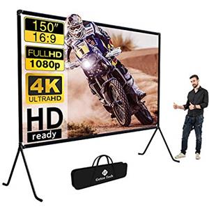 GT GETCO TECH Telo per proiettore (150), telo con supporto, 16: 9 HD, pieghevole, per interni/esterni, per proiezioni video, per casa, feste, ufficio, aule