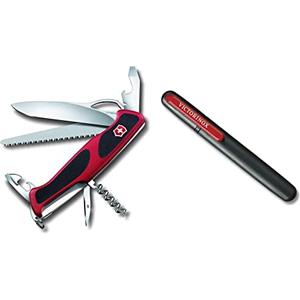 Victorinox, Ranger Grip 79, coltellino svizzero (12 funzioni, lama bloccabile a una mano) colore rosso/nero & affilatrice doppia, legno, nero/rosso, misura unica