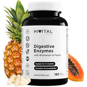 HIVITAL foods Enzimi Digestivi. 180 capsule vegane per 6 mesi di trattamento. Amilasi, Proteasi, Lattasi, Lipasi, Cellulasi, Bromelina e Papaina. Prodotto in Europa da HIVITAL