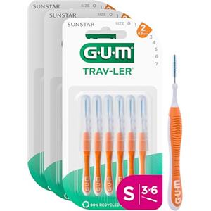 GUM TRAV-LER Scovolini interdentali | manico flessibile | pulizia profonda tra i denti e rimozione della placca | 0.9 mm, ISO 2 | Taglia S | Confezione 3x6