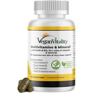 Vegan Vitality Multivitaminico Completo Vegano con Vitamina D3, K2 e B12-180 Compresse, Fornitura di 6 Mesi - Integratore per Dieta Vegana e Vegetariana