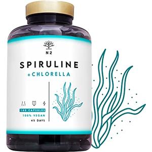 N2 Natural Nutrition Alga Spirulina Chlorella|Compresse Integratore |Difese Immunitarie Antiossidanti|Ferro, Proteine Vegane, Clorofilla|2244 mg Alghe per Dose|180 Capsule|Vegano CE|
