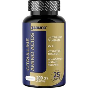 J.ARMOR Citrullina Malato DL | 200 Capsule Da 500mg, Citrullina L Malato, Con Vitamina B6 Precursore dell' Arginina e Ossido Nitrico | In Capsule Facili Da Deglutire | Dose da 4000 Mg - Jarmor Pharma