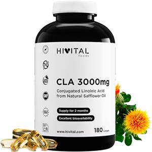 HIVITAL foods CLA Acido Linoleico Coniugato 3000 mg per dose. 180 perle a base di Olio Vegetale di Cartamo 100% Naturale per 2 mesi di trattamento. Prodotto in Europa da HIVITAL