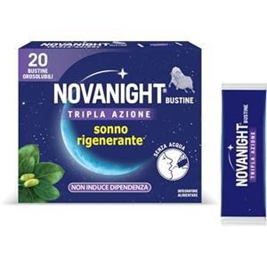Novanight Tripla Azione Bustine, Magnesio, Melatonina per Dormire, Integratori per Dormire, Disturbi del Sonno - Senza Glutine, con Griffonia, Non Induce Dipendenza (20 Bst Gusto Camomilla e Agrumi)