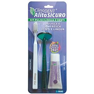Clinodent Alito Sicuro - Kit puliscilingua e denti composto da pulisci lingua, gel dentifricio alito sicuro agli olii essenziali e spazzolino
