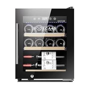 BODEGA43 Cantinetta frigo piccola BODEGA43-12C - Cantinetta frigo per 12 bottiglie, 33 Litri, 5-20 ºC, 1 Zona, Bassa rumorosità (41 dB), Raffreddamento a compressore, Tre cassetti in legno di faggio