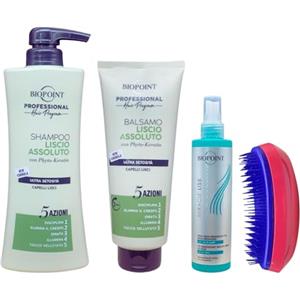 Yeshi BIOPOINT professional set trattamento capelli lisci, shampoo liscio assoluto 400ml - balsamo 350ml - spray liscio miracoloso 72h più spazzola sciogli nodi.