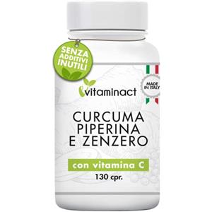 Vitaminact Curcuma Piperina Plus Zenzero Vitamina C-130 cpr-Altissimo Dosaggio Naturale Di Estratto Curcuma 1280,00Mg-Curcumina 200,00Mg-Piperina 10,00Mg-Potente e Veloce Brucia Grassi-Antinfiammatorio