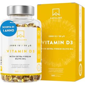 AAVALABS Vitamina D3 2000 UI [Fornitura di 1 Anno] - Integratore Vitamina D 2000 UI con Olio EVO per assorbimento ottimale - Non OGM - Contribuisce alla funzione ossea, muscolare e immunitaria - 365 Capsule