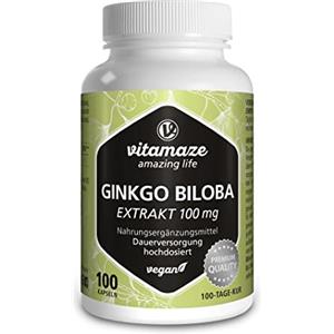 Vitamaze - amazing life Ginkgo Biloba 50:1 Estratto 100 mg = 5000 mg Polvere di Foglie di Ginkgo Puro per Capsula Vegana, 100 Capsule per 100 Giorni, Integratore Alimentare senza Additivi non Necessari