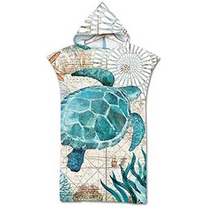 Treer Poncho Asciugamano con Cappuccio, Adulto Spiaggia Robe Cambiarsi Microfibra Assorbente Telo da Bagno Asciugatura Rapida Copricostume Accappatoio per Mare Surf (75x110cm,Tartaruga di mare)