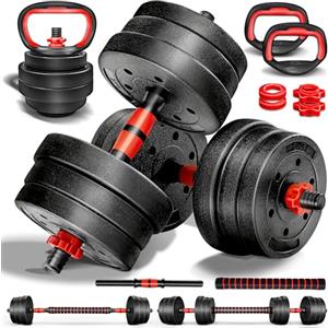 RE:SPORT Set di manubri 2 in 1 15-40kg | Set di manubri regolabili | Manubri corti e lunghi | Chiusure a stella e tubo di collegamento (Set con kettlebell - 15 kg)