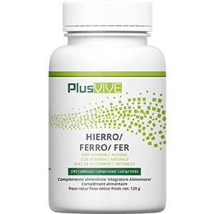 Plusvive - Integratore di ferro e vitamina C in capsule, con papaina e spirulina per una maggiore biodisponibilità, 240 capsule