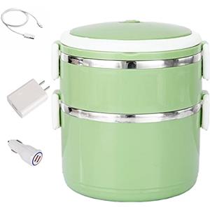 LKJHSDFG Lunch Box Riscaldante Elettrico, Usb Lunch Box Elettrico a Doppio Strato Scaldavivande Portatile Per Auto E Camion Contenitore Per Alimenti Rimovibile in Acciaio Inossidabile,Green