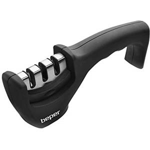 BEPER C107UTT001 Affilacoltelli manuale, ABS, 3 Livelli di Affilatura,Disco in Diamante,Tungsteno,Ceramica,Impugnatura ergonomica,Base antiscivolo,Nero