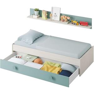 Habitdesign Dmora - Letto per bambini Lubbock, Struttura letto per cameretta, Letto con lettino estraibile e mensola, 201x98h43 cm, Bianco e Verde acqua