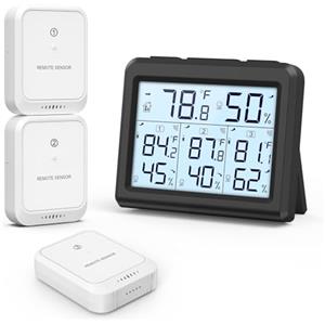 ORIA Termometro Igrometro Digitale con 3 Sensori Remoti, Misuratore di Temperatura e umidità per Interno Esterno, Stazione Meteo Wireless con Retroilluminazione, Icona Comfort - Nero