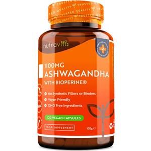 Nutravita Ashwagandha 1100mg - 120 Capsule vegane con Bioperine® - Polvere di radice di Aswagandha naturale ad alta resistenza - Integratore di Ashwaganda adatto ai vegani - Prodotto da Nutravita