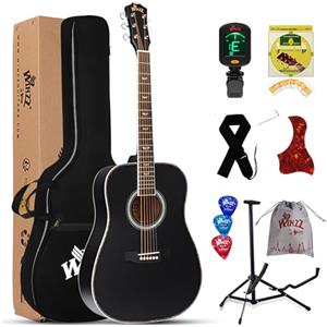 Winzz Chitarra Acustica 4/4 Adulti Principianti, Chitarra per Bambini 12+ Anni, Nero Chitarra Folk Kit 8 Accessori con Corde d'acciaio, Accordatore, Tracolla, Supporto, Custodia (41 Dreadnought)
