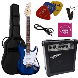 MSA: CHITARRE ELETRICHE BLU TRASPARENTE - CHITARRA ELETTRICA BLU - SET CON AMPLIFICATORE DA 20WATT - BORSA - PLETTRO - CORDE - BIANCA SCURO TRASPARENTE