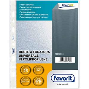 Favorit Buste a Foratura Universale Linear 15x21 cm - 25 Buste in Polipropilene Trasparente