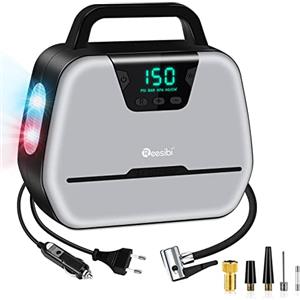Reesibi Mini Compressore Aria Portatile 220V, Compressore Auto 220V 12V AC DC Doppia Alimentazione Easypump Max. 150psi 10,3 Bar, 3 modalità di Luce LED, Kit Adattatore