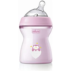 Chicco Natural Feeling Biberon Anticolica 2 Mesi + da 250 ml, Biberon con Tettarella in Silicone Morbida e Flessibile, Adatto per Allattamento Misto, Flusso Medio, Colore Rosa