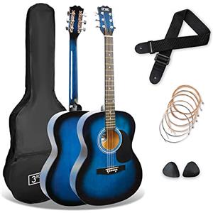 3rd Avenue Pacchetto con chitarra acustica 3rd Avenue di dimensioni standard 4/4 livello beginner, corde in acciaio, custodia da trasporto, plettri e corde di riserva - Blu