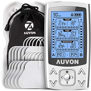 AUVON Elettrostimolatore muscolare professionale, 2 canali e 24 modalità TENS Elettrostimolatore 3 in 1 con 12 elettrodi TENS 2x2 con design brevettato per alleviare il dolore e costruire muscoli