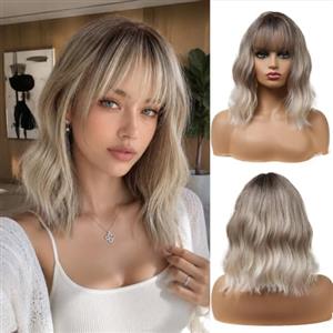 Esmee Parrucca Bob Corta Ondulata Biondo Ombre per Donna con Frangia - 14IN