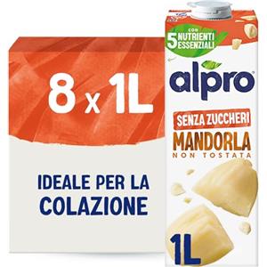 ALPRO SENZA ZUCCHERI, Bevanda alla MANDORLA, Alternativa Vegetale al Latte, Naturalmente Senza Lattosio, con Vitamine B2, B12, D2, E - 8 confezioni x 1 Litro