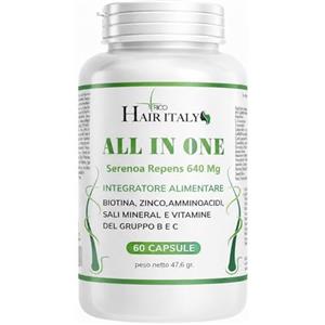 TRICO HAIR ITALY ALL IN ONE, Integratore capelli uomo - Vitamine capelli con Serenoa Repens 640 mg e Biotina alta titolazione - Zinco, Selenio, Saw Palmetto e Licopene. Multivitaminico Uomo e Donna