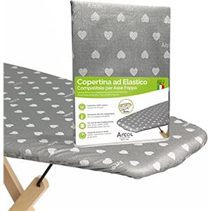 ARCOL Compatibile per Asse da Stiro Foppapedretti, Copertina Ricambio ad Elastico, Made in Italy, Copertura Copriasse da Stiro 100% Cotone (Copertina, Grigio con Cuori Bianchi)
