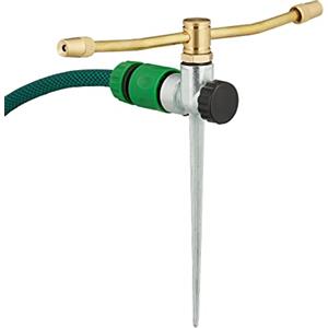 Relaxdays Irrigatore da Giardino con Picchetto, Spruzzatore Rotante, 2 Bracci, Getto 12m, Ugelli Regolabili, Oro Argento, Ferro