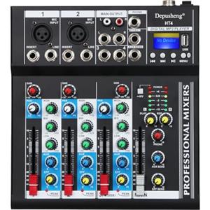 Depusheng HT4 - Console DJ digitale portatile professionale compatibile con Bluetooth, con mixer USB a 4 canali, mixer interfaccia audio per la registrazione in studio, colore nero