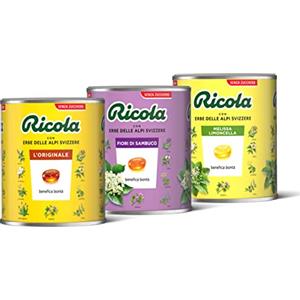 Ricola - 3 Barattoli di Caramelle Svizzere Dure Incartate da 1 Kg al Gusto di Melissa Limoncella, Fiori di Sambuco e Original, Senza Zucchero con Estratto di Stevia, Senza Glutine e Senza Lattosio