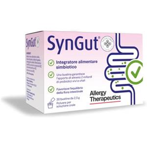 Allergy Therapeutics SynGut® Integratore Simbiotico Probiotici e Prebiotici 30 Bustine da 2,5g con Inulina e 4 Ceppi di Fermenti Lattici Vivi tra cui Lactobacillus Acidophilus e Bifidobacterium per la Flora Intestinale