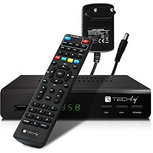 Techly 360974 Decoder Ricevitore Digitale Terrestre DVB-T/T2 H.265 HEVC 10bit Metallo con Telecomando Universale 2 in 1 con Alimentatore 12V Nero