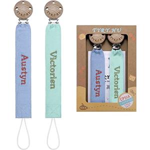 TYRY.HU Catenella Portaciuccio con Nome Personalizzata Porta Succhietto Clip di Legno Cotone Bambine Ragazzi Massaggiagengive Ciuccio Clip Baby Regalo, 2 Pezzi