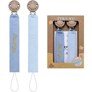 TYRY.HU Catenella Portaciuccio con Nome Personalizzata Porta Succhietto Clip di Legno Cotone Bambine Ragazzi Massaggiagengive Ciuccio Clip Baby Regalo, 2 Pezzi